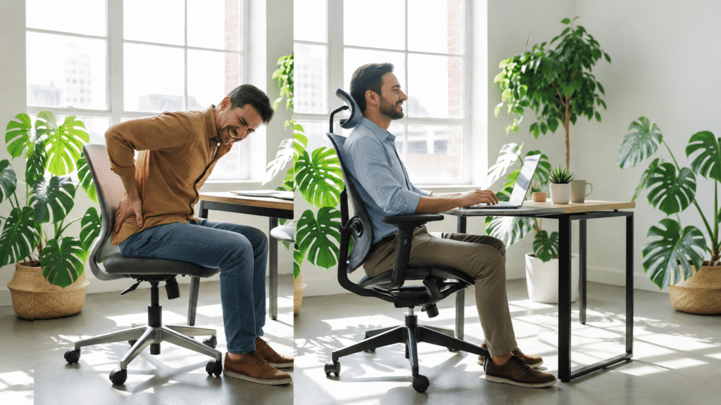 Man sitting on a normal chair vs on an ergonomic chair