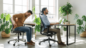 Man sitting on a normal chair vs on an ergonomic chair