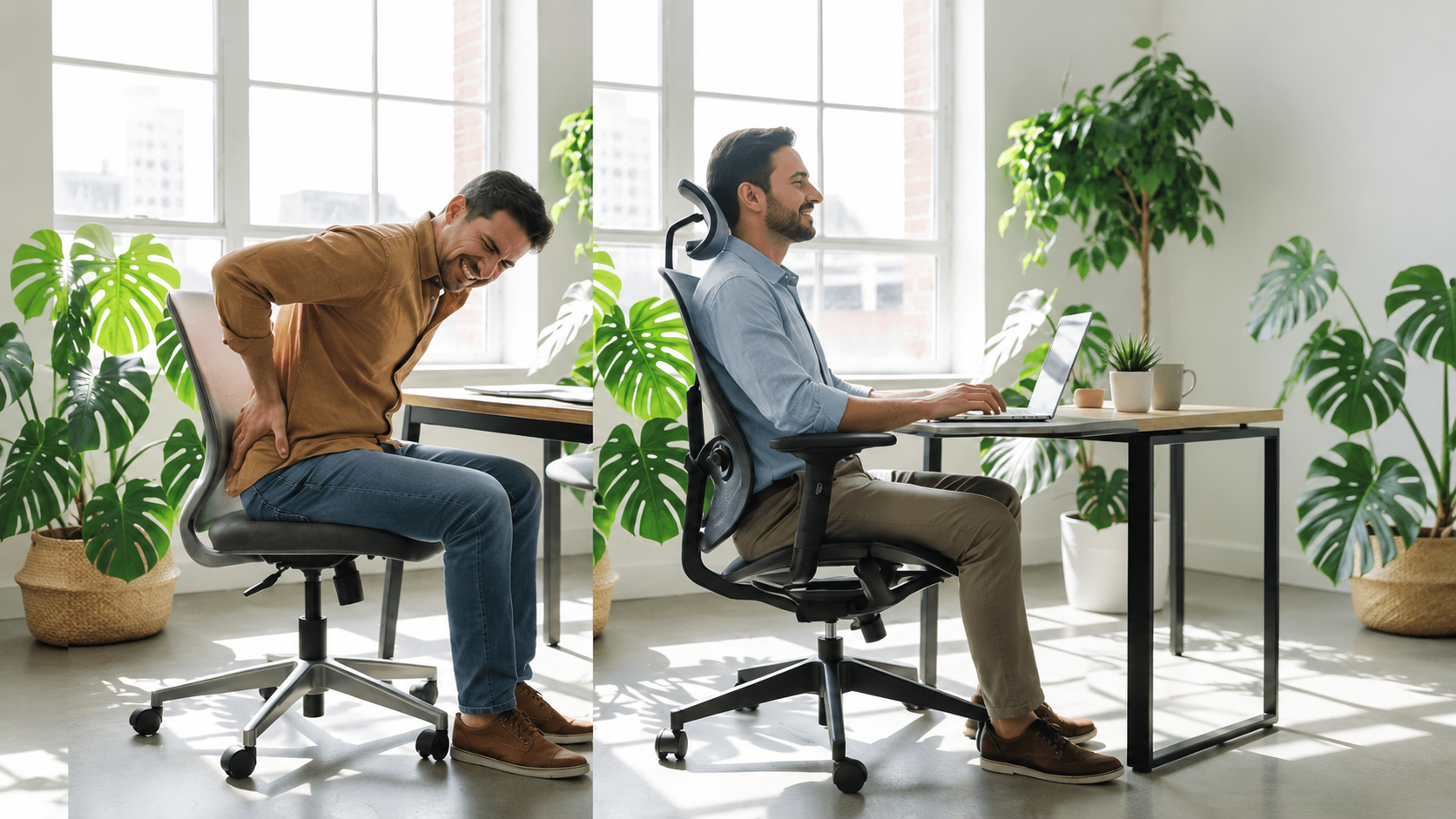 Man sitting on a normal chair vs on an ergonomic chair