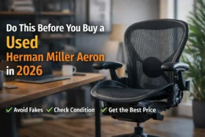 Used Herman Miller Aeron office chair in a modern home office with banner text about buying a used Aeron in 2026