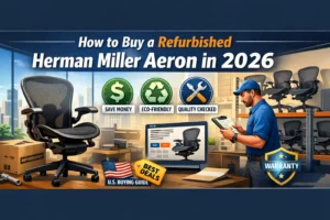 How to Buy a Refurbished Herman Miller Aeron in 2026 banner showing an ergonomic office chair, quality inspection, savings, and US buying guide