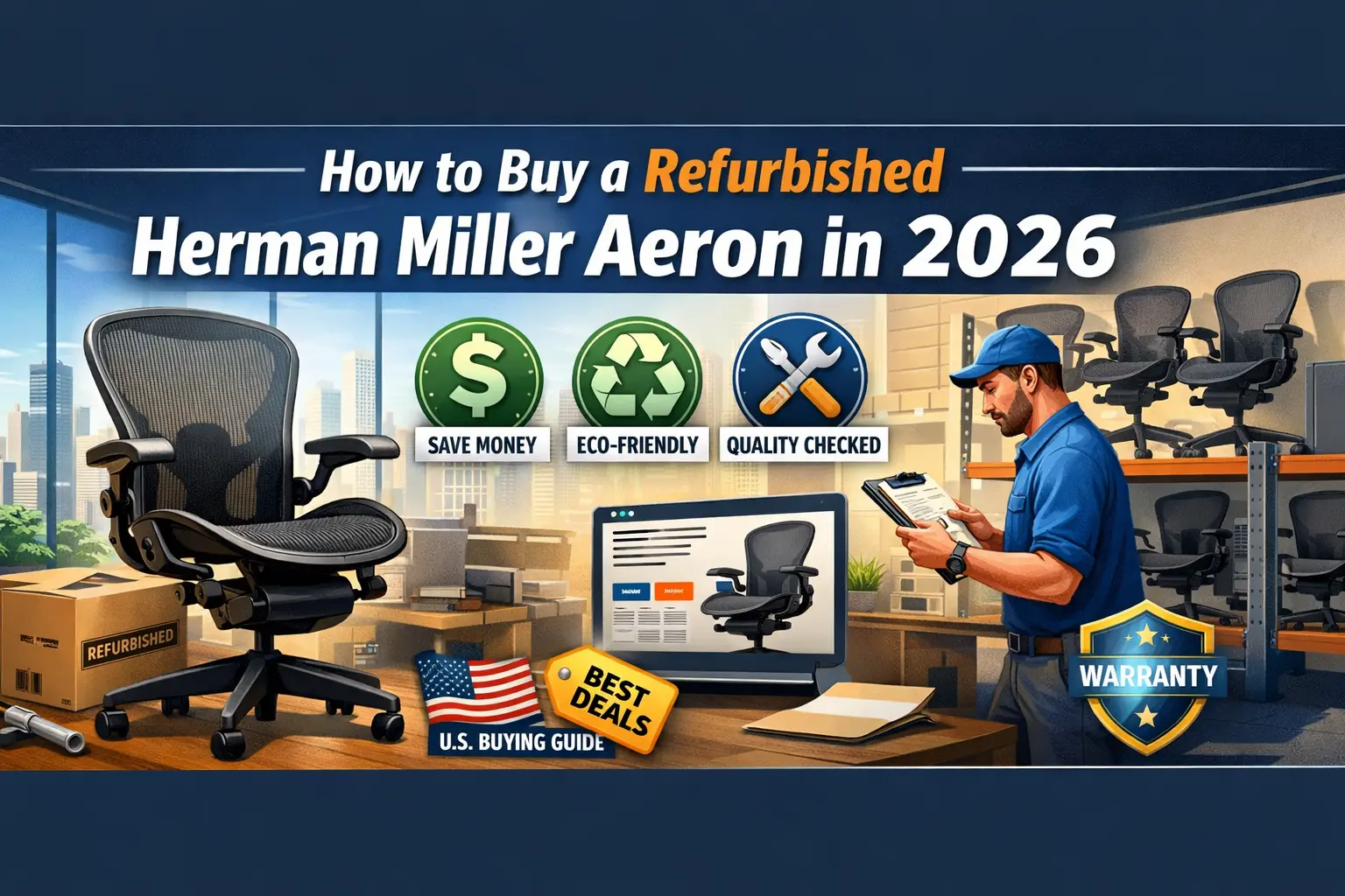 How to Buy a Refurbished Herman Miller Aeron in 2026 banner showing an ergonomic office chair, quality inspection, savings, and US buying guide