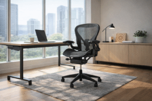 Modern home office with an ergonomic mesh office chair, minimalist desk, and laptop beside large windows overlooking a city skyline