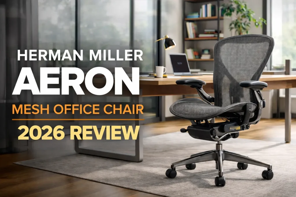 Herman Miller Aeron Mesh Office Chair 2026 review banner showing ergonomic mesh chair in a modern office setup