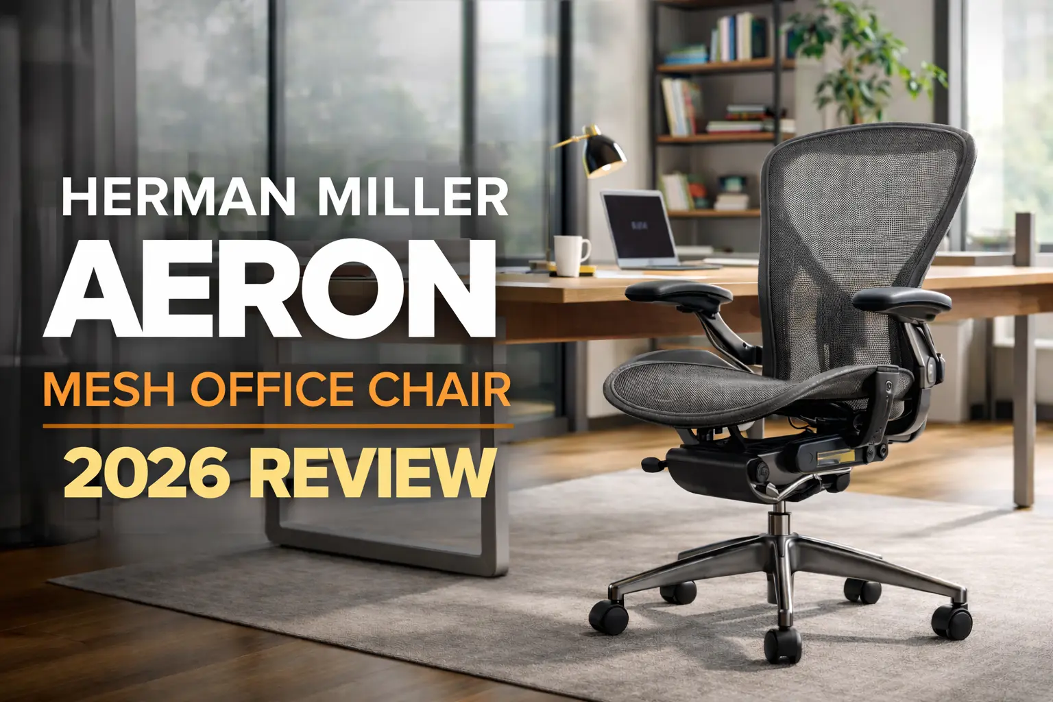 Herman Miller Aeron Mesh Office Chair 2026 review banner showing ergonomic mesh chair in a modern office setup