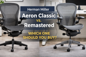 Herman Miller Aeron Classic vs Remastered ergonomic office chairs comparison in a modern office setting